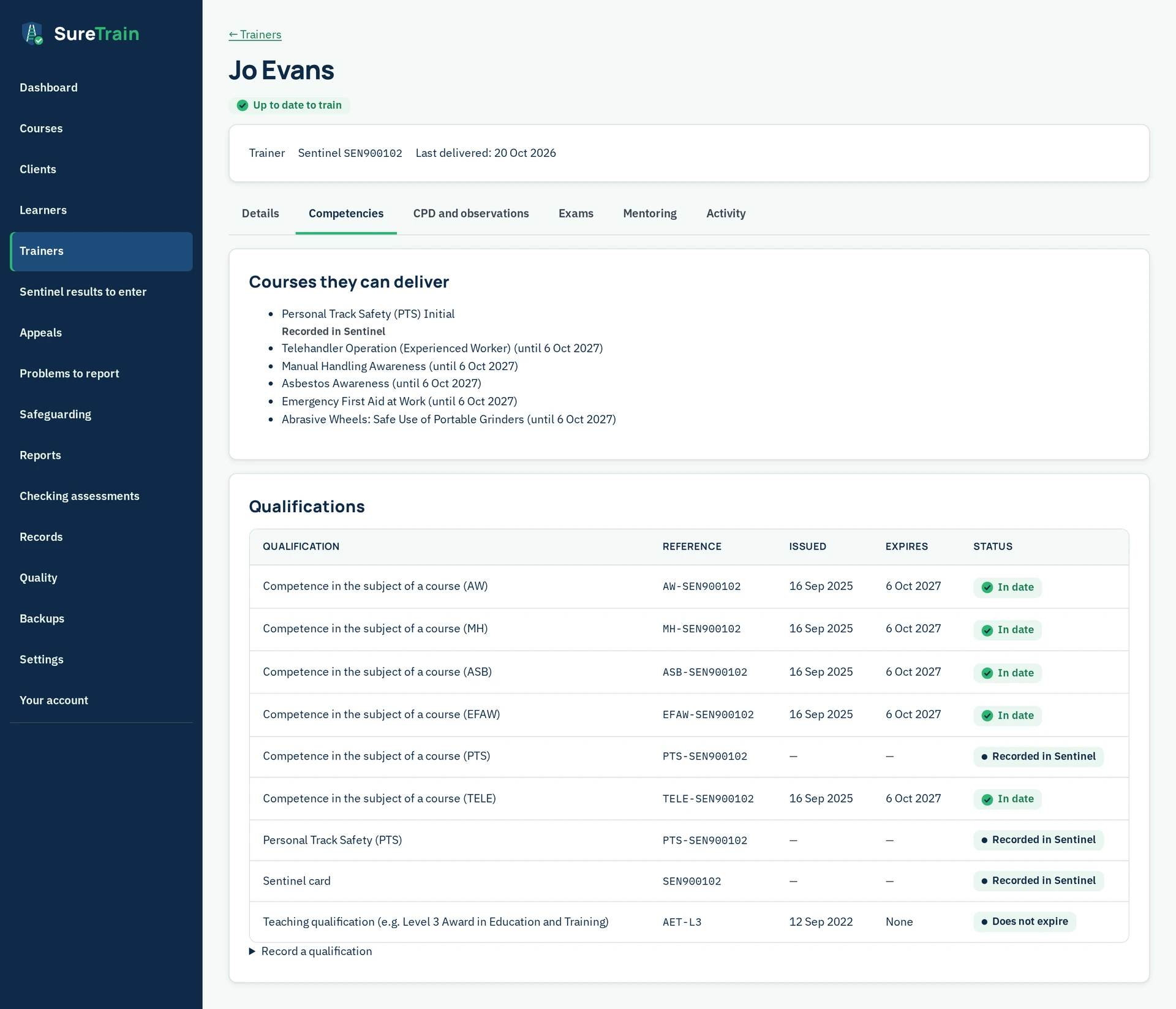 SureTrain trainer page for Jo Evans with demo data, beside the navy app menu (Dashboard, Courses, Clients, Learners, Trainers, Sentinel results to enter, Appeals, Problems to report, Safeguarding, Reports, Checking assessments, Records, Quality, Backups, Settings and Your account) with Trainers selected. Below a back link to Trainers and the heading “Jo Evans”, a green label says “Up to date to train”, and a details strip shows Trainer, Sentinel SEN900102 and “Last delivered: 20 Oct 2026”. Of the tabs Details, Competencies, CPD (continuing professional development) and observations, Exams, Mentoring and Activity, Competencies is open. Courses they can deliver: Personal Track Safety (PTS) Initial, marked “Recorded in Sentinel” instead of a date. The other five courses, each until 6 Oct 2027: Telehandler Operation (Experienced Worker); Manual Handling Awareness; Asbestos Awareness; Emergency First Aid at Work; Abrasive Wheels: Safe Use of Portable Grinders. The Qualifications table, with Qualification, Reference, Issued, Expires and Status columns, lists nine rows. Competence in the subject of a course (AW, Abrasive Wheels), (MH, Manual Handling Awareness), (ASB, Asbestos Awareness) and (EFAW, Emergency First Aid at Work), with references AW-SEN900102, MH-SEN900102, ASB-SEN900102 and EFAW-SEN900102, each issued 16 Sep 2025, expires 6 Oct 2027, In date. Competence in the subject of a course (PTS), PTS-SEN900102, with dashes for the dates, Recorded in Sentinel. Competence in the subject of a course (TELE, Telehandler Operation), TELE-SEN900102, issued 16 Sep 2025, expires 6 Oct 2027, In date. Personal Track Safety (PTS), PTS-SEN900102, and Sentinel card, SEN900102, both with dashes for the dates, Recorded in Sentinel. Teaching qualification (e.g. Level 3 Award in Education and Training), AET-L3 (AET, Award in Education and Training), issued 12 Sep 2022, expires None, Does not expire. Under the table is “Record a qualification”.