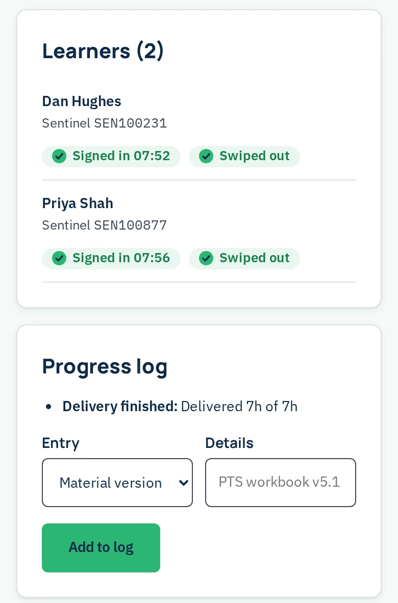 SureTrain trainer app on a phone with demo data, after the course. Learners (2) shows Dan Hughes signed in at 07:52 and Priya Shah signed in at 07:56, both swiped out. The Progress log shows “Delivery finished: Delivered 7h of 7h”.