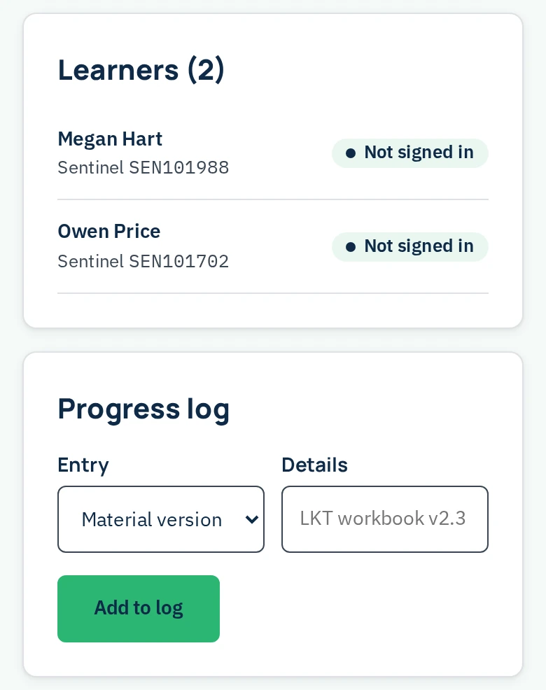 SureTrain trainer app on a phone with demo data, before sign-in. Learners (2) lists Megan Hart and Owen Price, both marked “Not signed in”. The Progress log has an entry form for Material version, with the Details box showing LKT (Lookout) workbook v2.3 as an example, and an Add to log button.